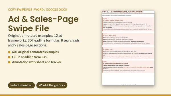 Cover of Ad & Sales-Page Swipe File - 60+ Original Annotated Copy Examples