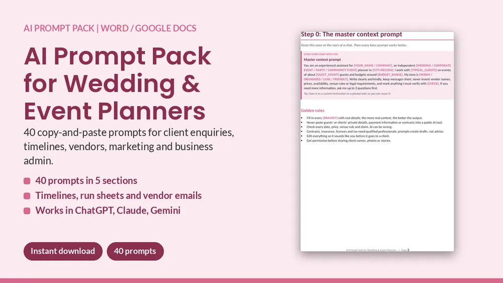 Cover of AI Prompt Pack for Wedding & Event Planners - 40 Prompts