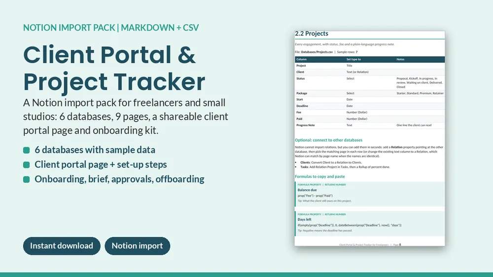 Cover of Client Portal & Project Tracker - Notion Import Pack (6 Databases)