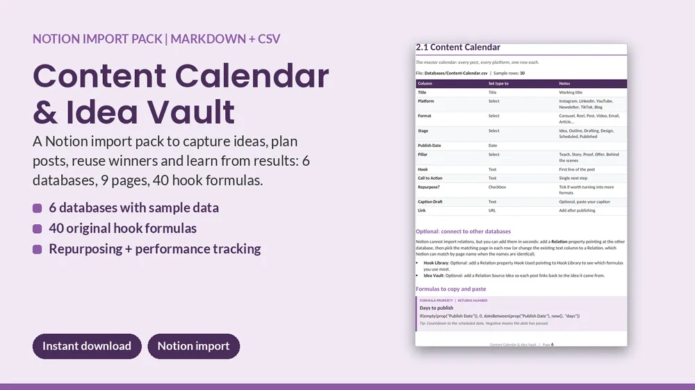 Cover of Content Calendar & Idea Vault - Notion Import Pack with 40 Hook Formulas
