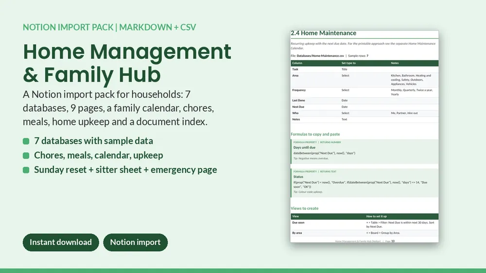 Cover of Home Management & Family Hub - Notion Import Pack (7 Databases)