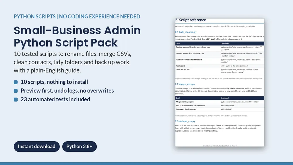 Cover of Small-Business Admin Python Script Pack: Rename, Merge, Clean CSVs