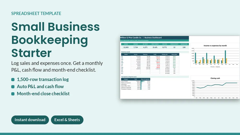 Cover of Small Business Bookkeeping Starter - P&L, Cash Flow, Receipts (Excel & Sheets)