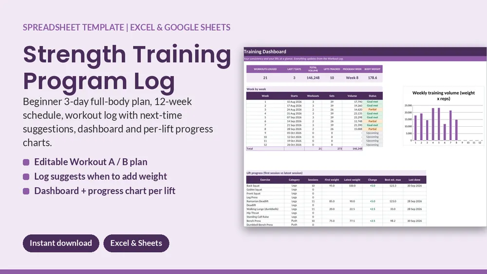 Cover of Strength Training Program Log - Beginner Workout Tracker for Excel & Sheets