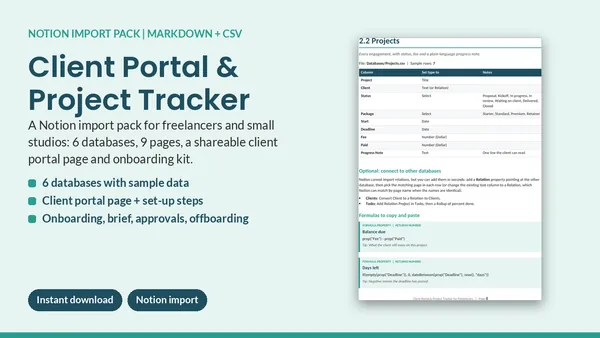 Cover of Client Portal & Project Tracker - Notion Import Pack (6 Databases)