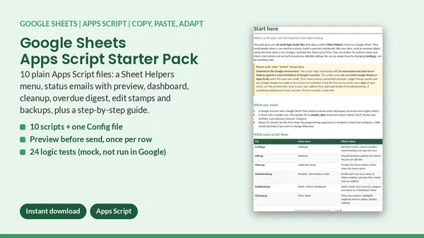 Cover of Google Sheets Apps Script Starter Pack - 10 Scripts + Setup Guide