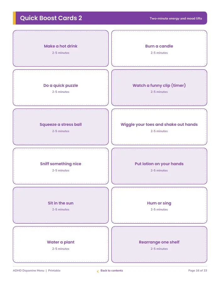 Inside page 2 of ADHD Dopamine Menu & Task Starter Cards