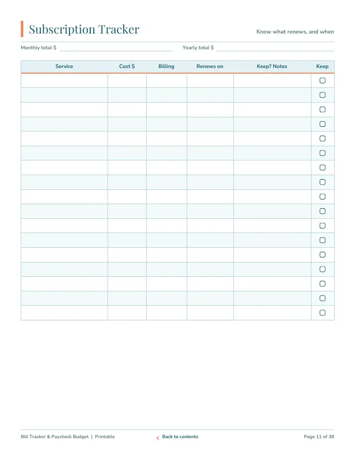 Inside page 1 of Bill Payment Tracker & Paycheck Budget