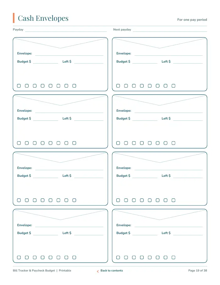 Inside page 2 of Bill Payment Tracker & Paycheck Budget
