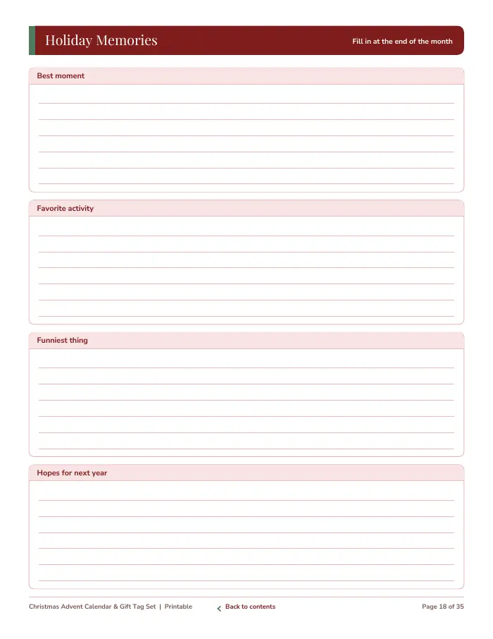 Inside page 2 of Christmas Advent Calendar & Gift Tag Set