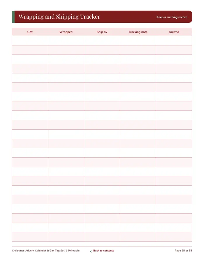 Inside page 3 of Christmas Advent Calendar & Gift Tag Set