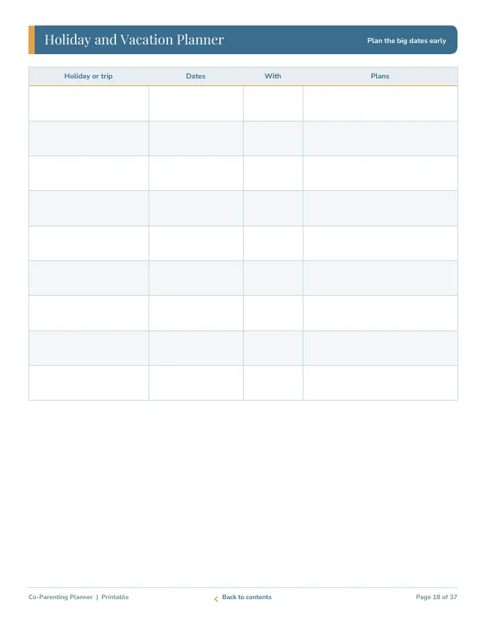 Inside page 2 of Co-Parenting Planner & Binder