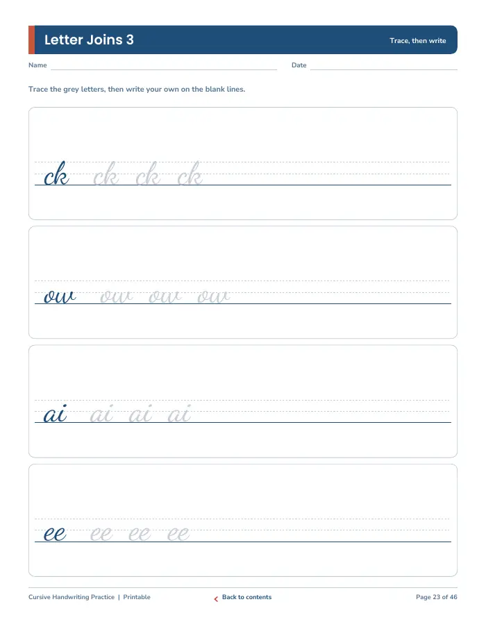 Inside page 2 of Cursive Handwriting Practice