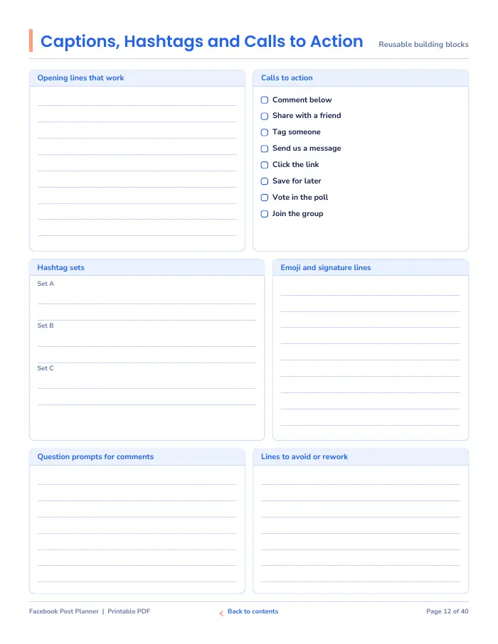 Inside page 1 of Facebook Post Planner