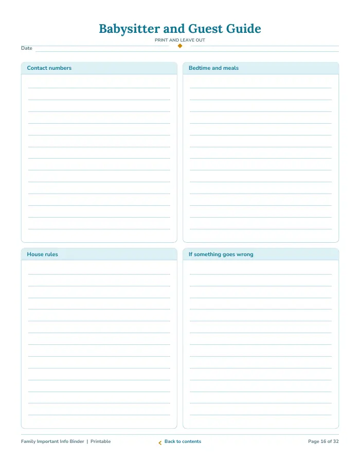 Inside page 2 of Family Important Info Binder