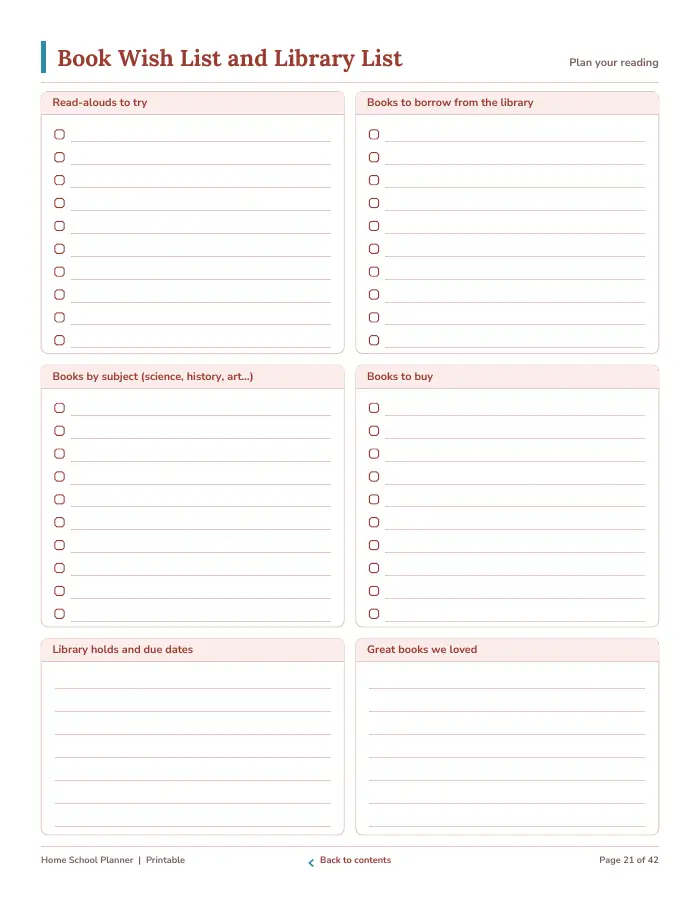 Inside page 2 of Home School Planner