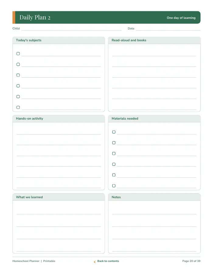 Inside page 2 of Homeschool Planner