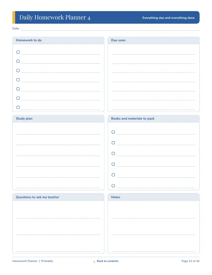 Inside page 2 of Homework Planner