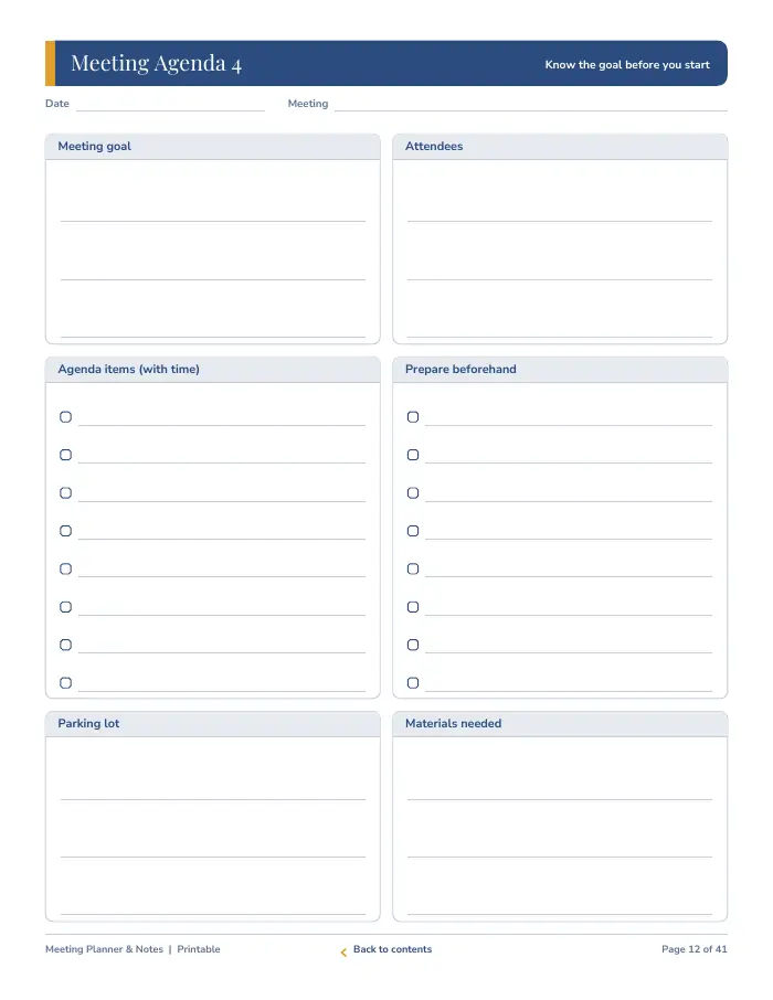 Inside page 1 of Meeting Planner & Notes