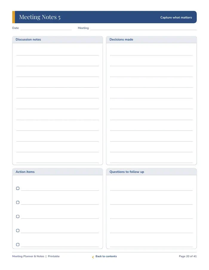 Inside page 2 of Meeting Planner & Notes