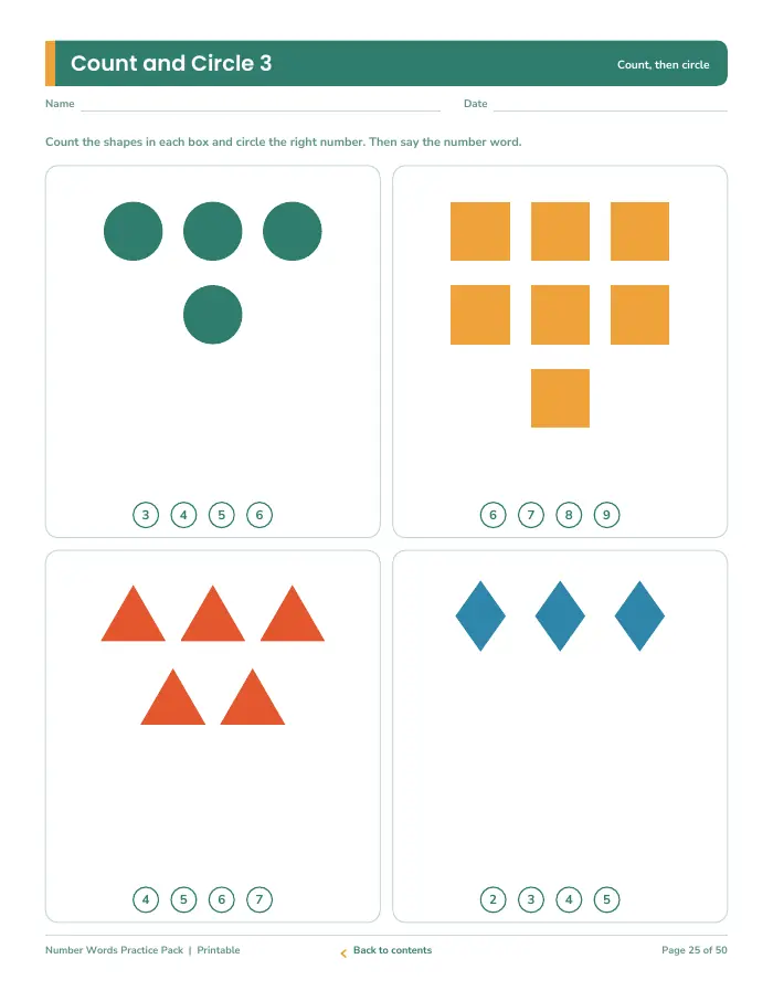 Inside page 2 of Number Words Practice Pack