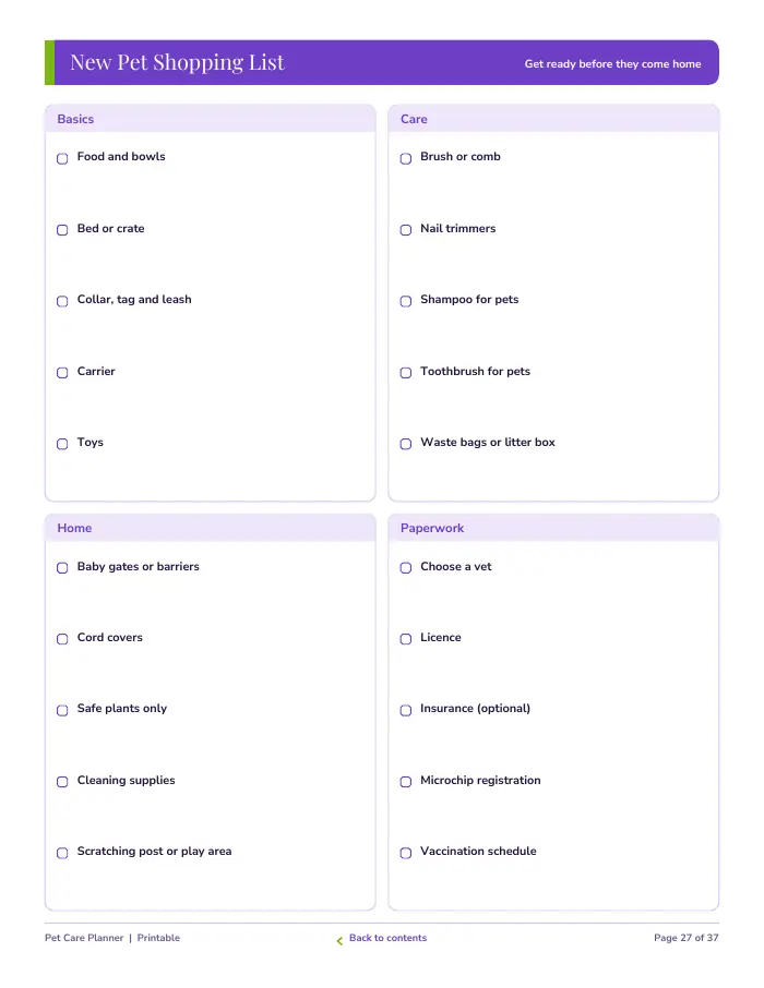 Inside page 3 of Pet Care Planner