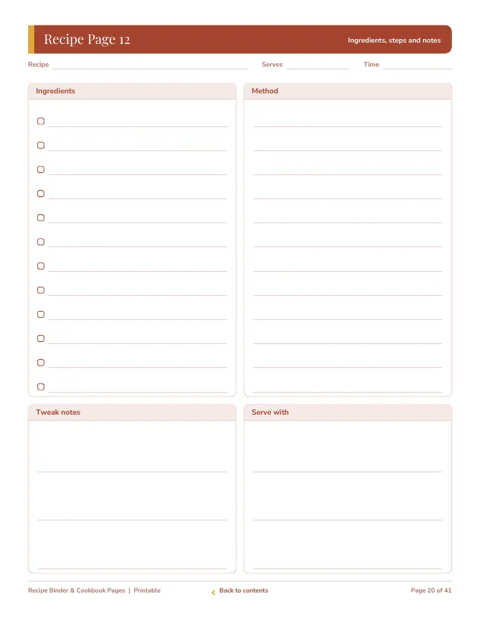 Inside page 2 of Recipe Binder & Cookbook Pages