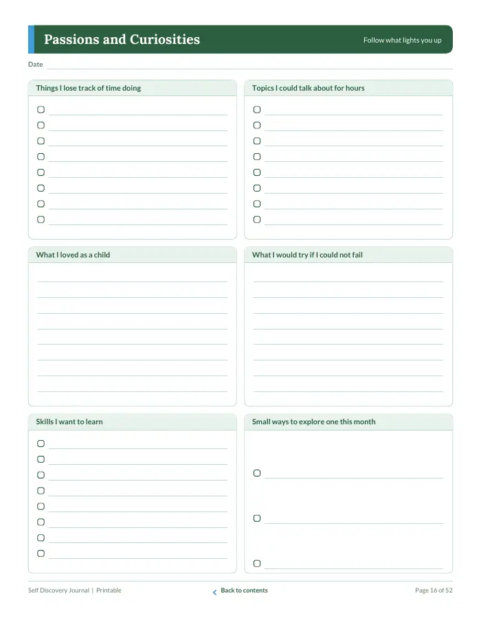 Inside page 1 of Self Discovery Journal