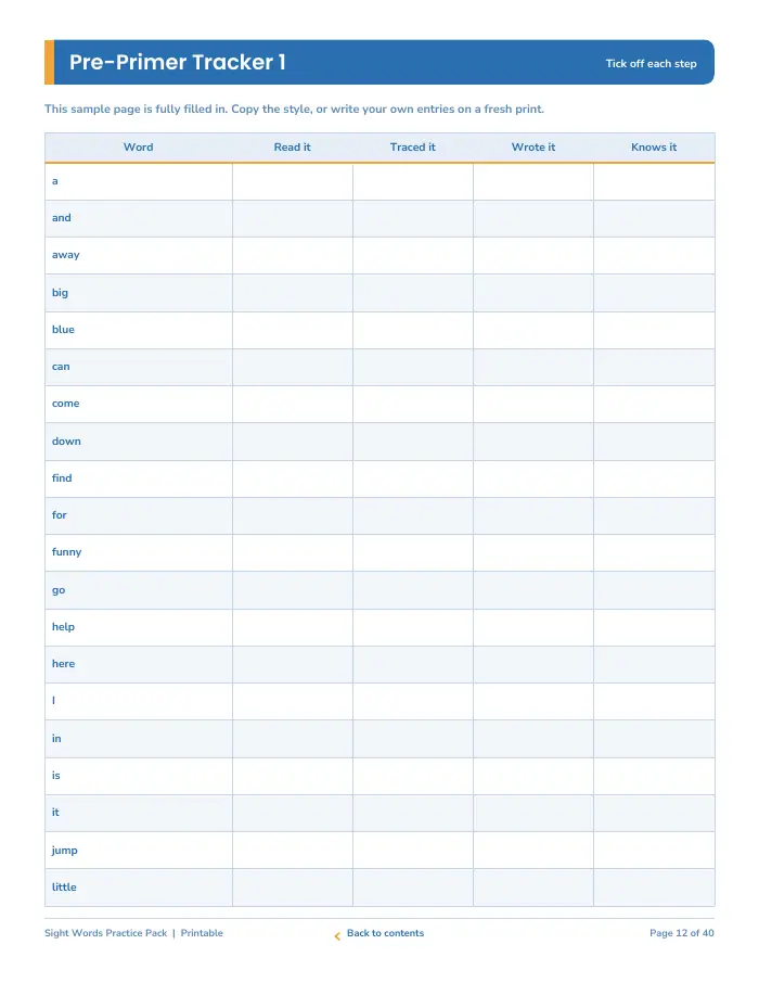 Inside page 1 of Sight Words Practice Pack