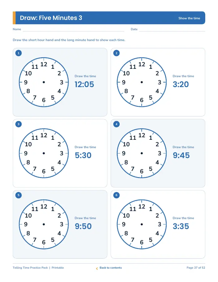 Inside page 3 of Telling Time Practice Pack