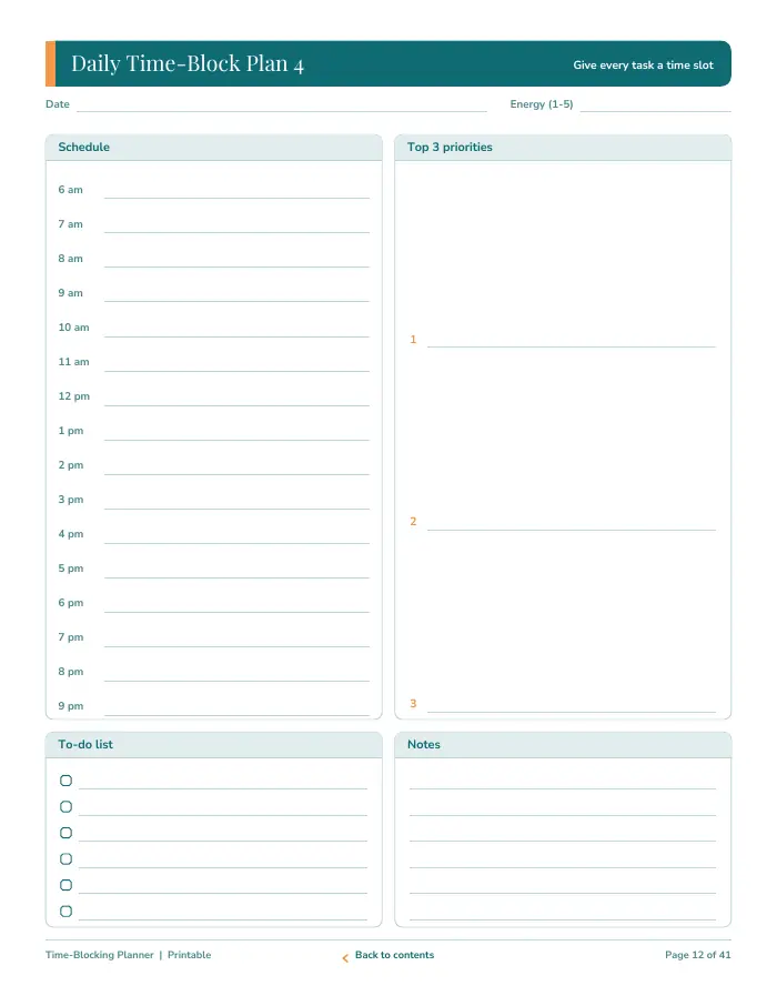 Inside page 1 of Time-Blocking Planner