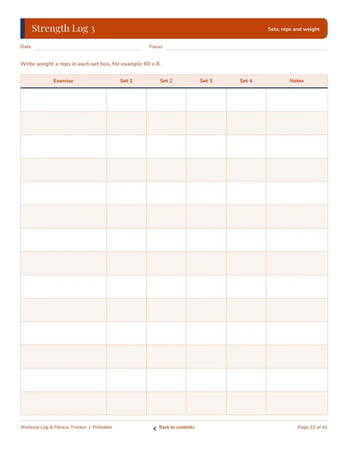 Inside page 1 of Workout Log & Fitness Tracker