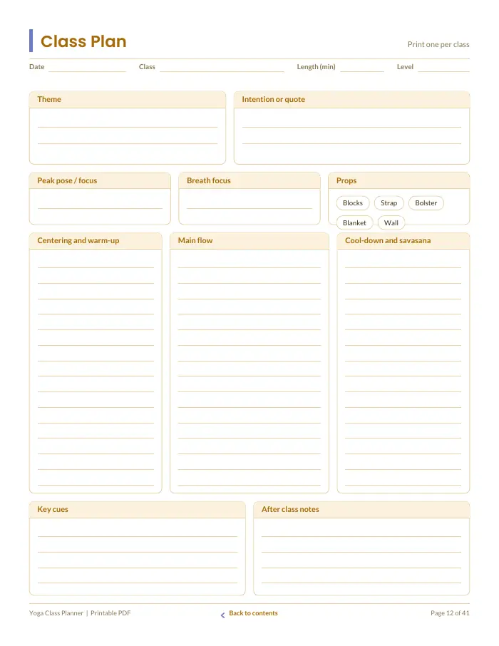 Inside page 1 of Yoga Class Planner