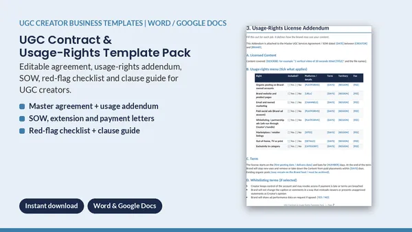 Cover of UGC Contract & Usage-Rights Template Pack - Agreement, SOW & Addendum